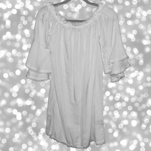 BOSTON PROPER WHITE DOUBLE  RUFFLED SLEEVES-OFF SHOULDER MINI  DRESS